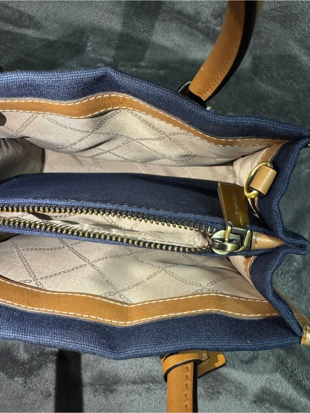 Michael Kors Navy and Tan Satchel with Gold Accent